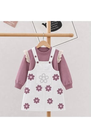Kız Çocuk Çiçek Desenli Jile Elbise Takım – Dantel Kollu Pudra Sweatshirt ve Askılı Elbise