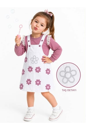 Kız Çocuk Çiçek Desenli Jile Elbise Takım – Dantel Kollu Pudra Sweatshirt ve Askılı Elbise