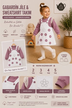 Kız Çocuk Çiçek Desenli Jile Elbise Takım – Dantel Kollu Pudra Sweatshirt ve Askılı Elbise