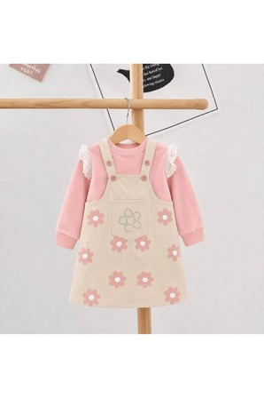 Kız Çocuk Çiçek Desenli Jile Elbise Takım – Dantel Kollu Pudra Sweatshirt ve Askılı Elbise