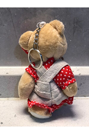 Sevimli Elbiseli Tulumlu Ayıcık Peluş Oyuncak Anahtarlık Uyku Arkadaşı Hediyelik 12 CM