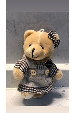 Sevimli Elbiseli Tulumlu Ayıcık Peluş Oyuncak Anahtarlık Uyku Arkadaşı Hediyelik 12 CM