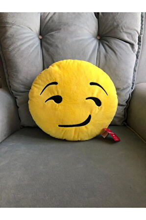 Sarı Emoji Yastık – Gülümseyen Surat Dekoratif Peluş Minder 35 cm