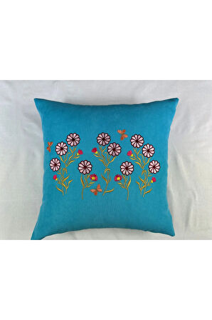 Mavi Renk Çiçek Desenli Nakışlı Yastık Kılıfı 40X40 | Kırlent Kılıfı Fermuarlı