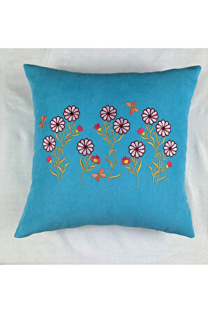 Mavi Renk Çiçek Desenli Nakışlı Yastık Kılıfı 40X40 | Kırlent Kılıfı Fermuarlı