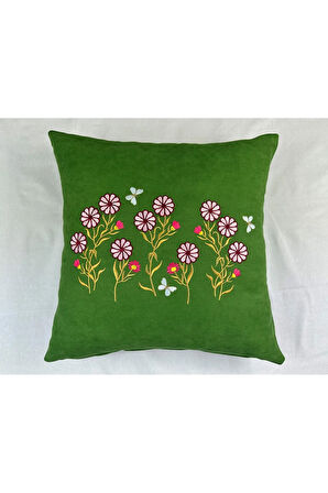 Yeşil Renk Çiçek Desenli Nakışlı Yastık Kılıfı 40X40 | Kırlent Kılıfı Fermuarlı