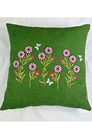 Yeşil Renk Çiçek Desenli Nakışlı Yastık Kılıfı 40X40 | Kırlent Kılıfı Fermuarlı