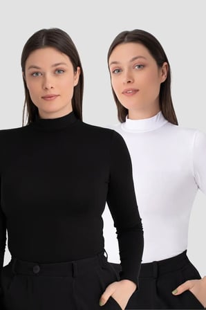 Özel Seri Bayan Giyim Basic Bluz Kadın Beyaz - Siyah Balıkçı Yaka Uzun Kollu Body 2'li Paket