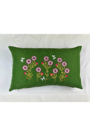 Yeşil Renk Çiçek Desenli Nakışlı Yastık Kılıfı 30x50 | Kırlent Kılıfı Fermuarlı