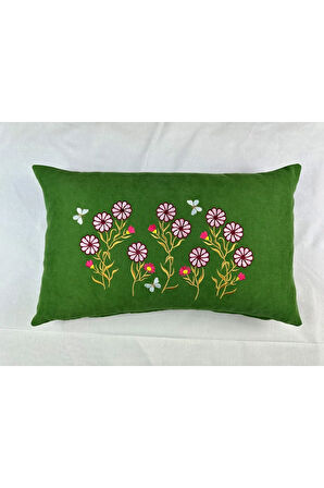 Yeşil Renk Çiçek Desenli Nakışlı Yastık Kılıfı 30x50 | Kırlent Kılıfı Fermuarlı
