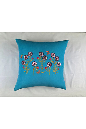 Mavi Renk Çiçek Desenli Nakışlı Yastık Kılıfı 40X40 | Kırlent Kılıfı Fermuarlı