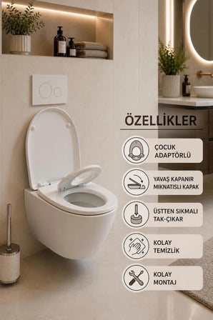  Twin Çocuk Adaptörlü Klozet Kapağı Yavaş Kapanır Mıknatıslı Soft Close Üstten Sıkmalı Beyaz