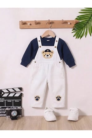 Erkek Çocuk Ayıcık Nakışlı Gabardin Salopet Takımı – Uzun Kollu Sweatshirtlü 2'li Takım