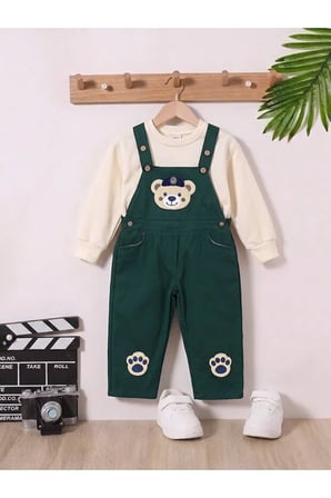 Erkek Çocuk Ayıcık Nakışlı Gabardin Salopet Takımı – Uzun Kollu Sweatshirtlü 2'li Takım