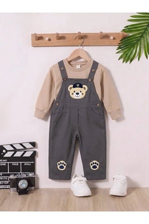 Erkek Çocuk Ayıcık Nakışlı Gabardin Salopet Takımı – Uzun Kollu Sweatshirtlü 2'li Takım