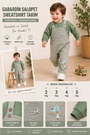 Erkek Çocuk Traktör Nakışlı Gabardin Salopet Takımı – Uzun Kollu Sweatshirt ve Askılı Tulum 2'li Takım