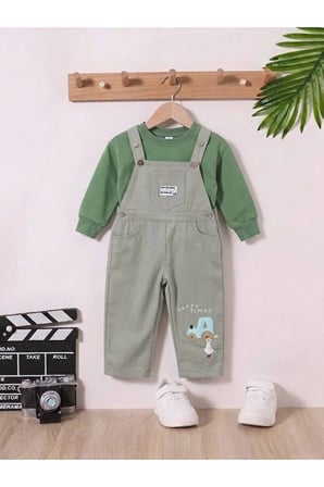 Erkek Çocuk Traktör Nakışlı Gabardin Salopet Takımı – Uzun Kollu Sweatshirt ve Askılı Tulum 2'li Takım