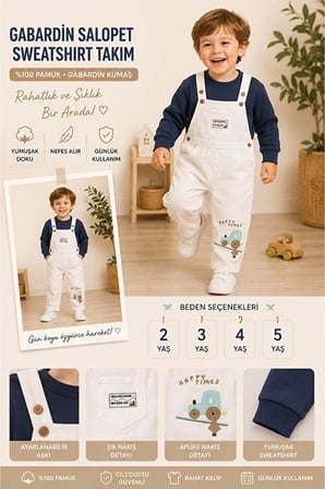 Erkek Çocuk Traktör Nakışlı Gabardin Salopet Takımı – Uzun Kollu Sweatshirt ve Askılı Tulum 2'li Takım