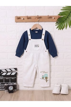 Erkek Çocuk Traktör Nakışlı Gabardin Salopet Takımı – Uzun Kollu Sweatshirt ve Askılı Tulum 2'li Takım