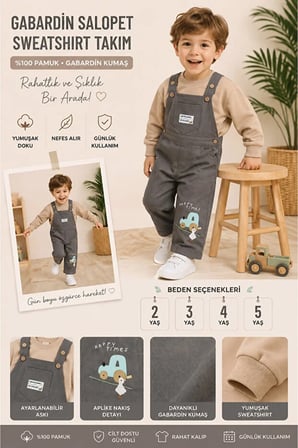 Erkek Çocuk Traktör Nakışlı Gabardin Salopet Takımı – Uzun Kollu Sweatshirt ve Askılı Tulum 2'li Takım