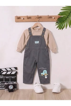 Erkek Çocuk Traktör Nakışlı Gabardin Salopet Takımı – Uzun Kollu Sweatshirt ve Askılı Tulum 2'li Takım