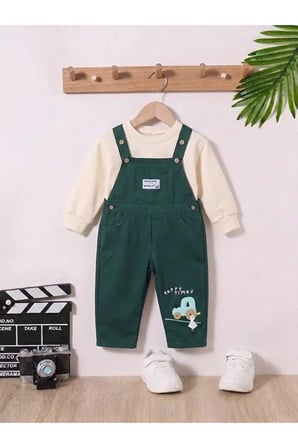 Erkek Çocuk Traktör Nakışlı Gabardin Salopet Takımı – Uzun Kollu Sweatshirt ve Askılı Tulum 2'li Takım