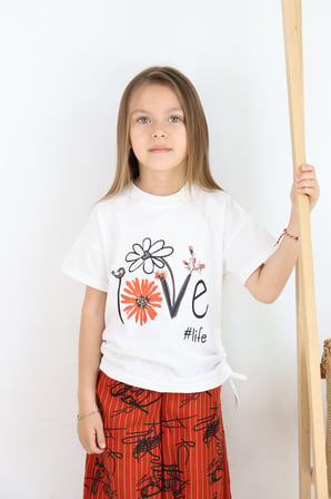 ???? Kız Çocuk ''love #life'' Baskılı Tişört & Çizgili Desenli Bol Pantolon Takımı ????