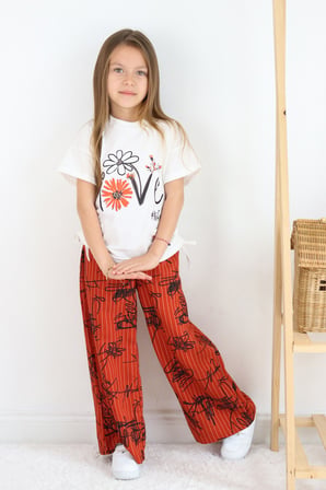 ???? Kız Çocuk ''love #life'' Baskılı Tişört & Çizgili Desenli Bol Pantolon Takımı ????