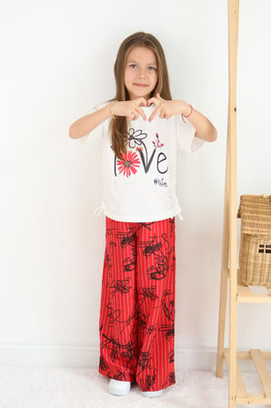 ???? Kız Çocuk ''love #life'' Baskılı Tişört & Çizgili Desenli Bol Pantolon Takımı ????