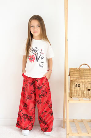 ???? Kız Çocuk ''love #life'' Baskılı Tişört & Çizgili Desenli Bol Pantolon Takımı ????