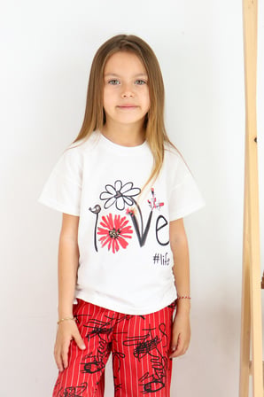 ???? Kız Çocuk ''love #life'' Baskılı Tişört & Çizgili Desenli Bol Pantolon Takımı ????