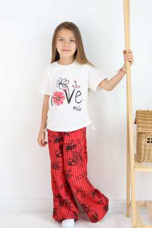 ???? Kız Çocuk ''love #life'' Baskılı Tişört & Çizgili Desenli Bol Pantolon Takımı ????