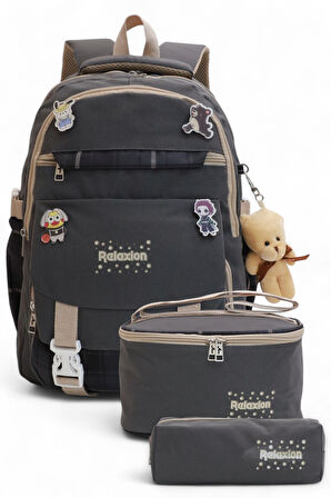 Relaxion 2144-1396 Kore Tarzı Unisex Çocuk Üçlü Set İlkokul Sırt Çantası - NKT02144-Füme-TEKEBAT