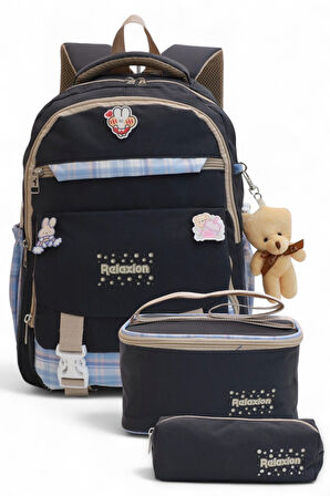 Relaxion 2144-1396 Kore Tarzı Unisex Çocuk Üçlü Set İlkokul Sırt Çantası - NKT02144-siyah-mor-TEKEBAT