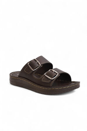 2156 Çift Tokalı Tam Anatomik Tabanlı Günlük,Umre ve Hac İçin Uyumlu Erkek Terlik - NKT02156-kahverengi-44
