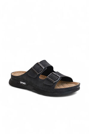 2160 Çift Tokalı Tam Anatomik Tabanlı Günlük,Umre ve Hac İçin Uyumlu Erkek Terlik - NKT02160-siyah-42