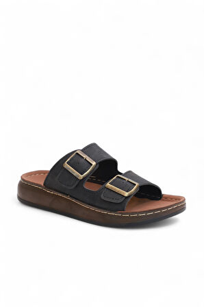 2163 Çift Tokalı Tam Anatomik Tabanlı Günlük,Umre ve Hac İçin Uyumlu Erkek Terlik - NKT02163-siyah-40