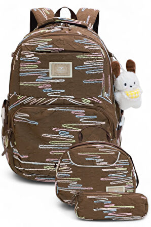 Relaxion 2173-1430 İthal Ürün Kız Çocuk Üçlü Set İlkokul Sırt Çantası - NKT02173-kahverengi-TEKEBAT