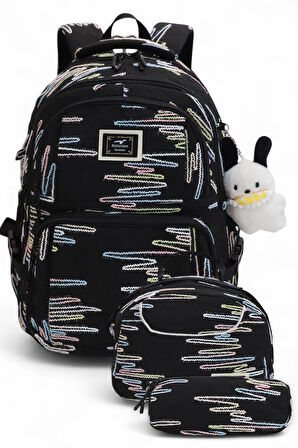 Relaxion 2173-1430 İthal Ürün Kız Çocuk Üçlü Set İlkokul Sırt Çantası - NKT02173-siyah-TEKEBAT