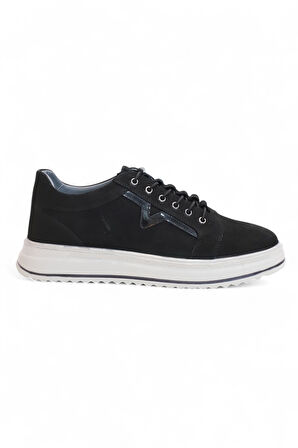 2182-Dropland Hakiki Deri Üst Kalite Anatomik Tabanlı Erkek Günlük Sneakers Ayakkabı - NKT02182-siyah-nubuk-40