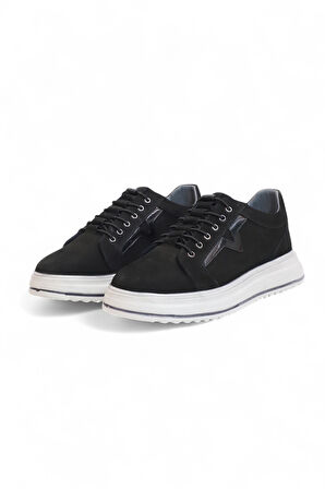 2182-Dropland Hakiki Deri Üst Kalite Anatomik Tabanlı Erkek Günlük Sneakers Ayakkabı - NKT02182-siyah-nubuk-40