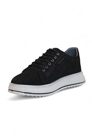 2182-Dropland Hakiki Deri Üst Kalite Anatomik Tabanlı Erkek Günlük Sneakers Ayakkabı - NKT02182-siyah-nubuk-40