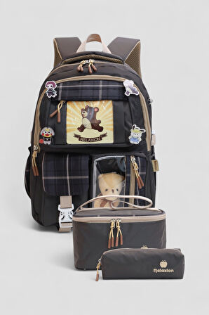 Relaxion 1395 Kore Tarzı Unisex Çocuk Üçlü Set İlkokul Sırt Çantası - NKT02207-Füme-TEKEBAT