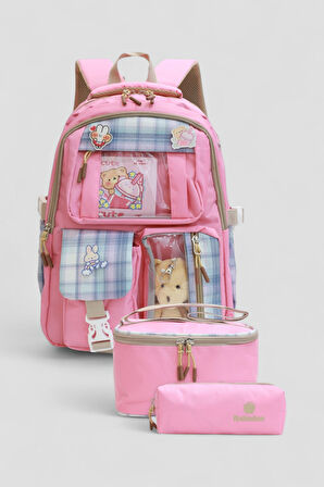 Relaxion 1395 Kore Tarzı Unisex Çocuk Üçlü Set İlkokul Sırt Çantası - NKT02207-PEMBE-TEKEBAT