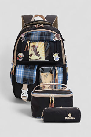 Relaxion 1395 Kore Tarzı Unisex Çocuk Üçlü Set İlkokul Sırt Çantası - NKT02207-siyah-TEKEBAT