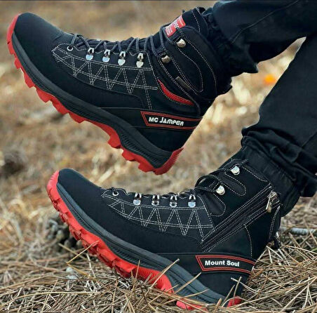 2224-Jamper Anatomik Kaydırmaz Tabanlı Soft Shell Outdoor Trekking Erkek Fermuarlı Spor Bot - NKT02224-siyah-kırmızı-43
