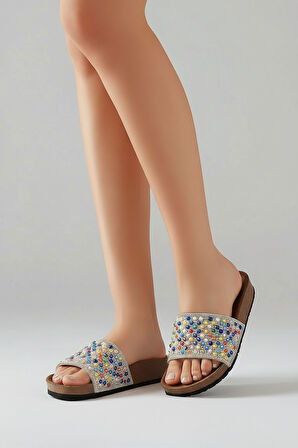 2232-Pien Anatomik Mantar Tabanlı Boncuklu Kadın Terlik - NKT02232-gümüş-40