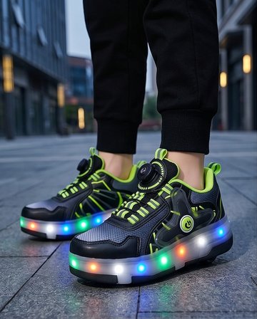 2256-N-Drops Led Işıklı Çift Tekerlekli Akıllı Bağcıklı Unisex Çocuk Patenli Ayakkabı - NKT02256-siyah-yeşil-30