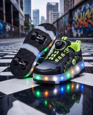2256-N-Drops Led Işıklı Çift Tekerlekli Akıllı Bağcıklı Unisex Çocuk Patenli Ayakkabı - NKT02256-siyah-yeşil-30