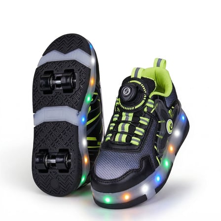 2256-N-Drops Led Işıklı Çift Tekerlekli Akıllı Bağcıklı Unisex Çocuk Patenli Ayakkabı - NKT02256-siyah-yeşil-35